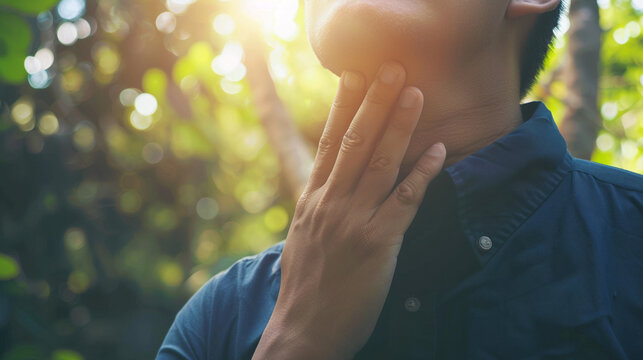 Person holding neck in discomfort with loosely wrapped warm scarf, concept of winter health issues, seasonal pain and self care for sore muscles