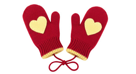 Isolated Red Knitted Mittens with Hearts