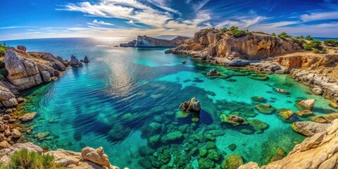 Obraz premium Panoramic view of a rugged peninsula with rocky shores and crystal-clear turquoise water, natural wonders, cliffside views