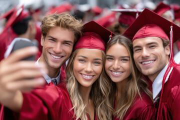 Fototapeta premium Graduation ceremony celebration with friends taking selfies in red caps and gowns