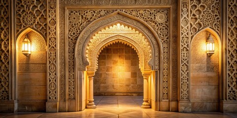 Ornate stoneworked archway with intricate carvings and soft, warm illumination emanating from within its center, grandeur