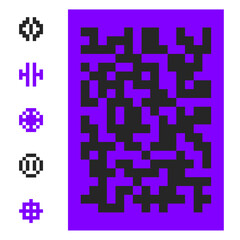 Pixel mosaic background and round pixelated graphic elements. Random square spots backdrop. Vector illustration
