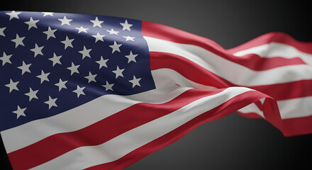 A flowing American flag, dramatically lit against a dark background.