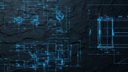 Animated blueprint overlay on a textured dark surface, revealing technical diagrams and schematics - Powered by Adobe