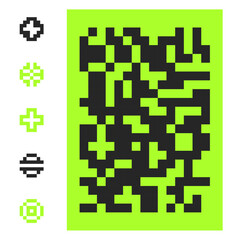 Mosaic pixel backdrop and 8 bit circular signs. Pixel background in y2k aesthetics. Random square spots decor. Vector illustration