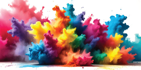 Colorful rainbow holi paint color powder explosion isolated white wide panorama.Colorful mixed rainbow powder explosion isolated on white background. Colorful ink powder splashes on white background.
