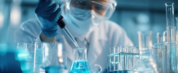 The scientist conducting experiments in a modern chemistry laboratory with vibrant liquids.