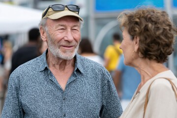 A senior man smiles with a companion at a vibrant event, showcasing the joy of interaction, relationships, and the significance of companionship in building memories and sharing bliss.