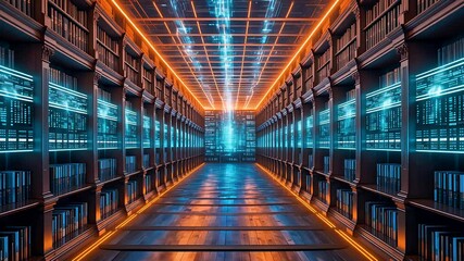 Glowing futuristic data server corridor with neon lights, symmetrical rows, and advanced digital infrastructure - Powered by Adobe