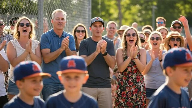 Enthusiastic Crowd Applauding at Youth Baseball Game Under Sunny Skies