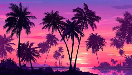 Obraz premium A tropical paradise with silhouettes of tall palm trees against a vibrant pink and purple sunset over a serene ocean.