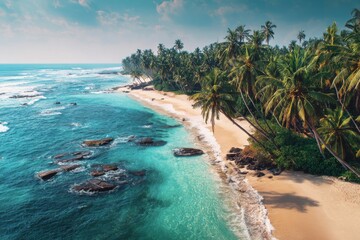 A serene, sun-drenched beach scene with golden sand and clear blue water, perfect for tranquil vacation imagery