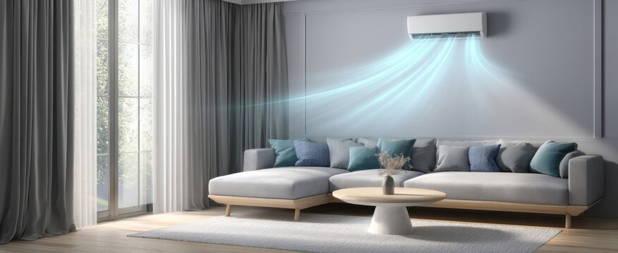 The modern living room featuring a stylish air conditioner and cozy furniture. - Powered by Adobe