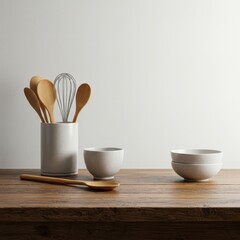 Wooden kitchen utensils and ceramic bowls on rustic table, minimalist cooking scene, home decor and kitchen essentials, warm neutral aesthetic styling