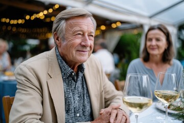 A sophisticated elderly man engaged in a thoughtful moment at a dining table, showcasing elegance, connection, and the beauty of shared experiences in a dining setting.