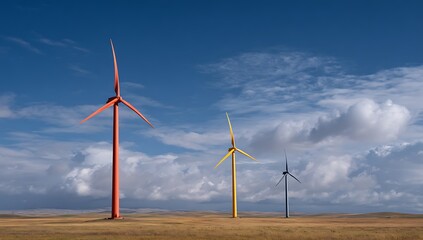 High quality photo of high quality photo of three wind turbines stand on the horizon of an open field, against a blue sky. The first one is red and has three blades, the second is.