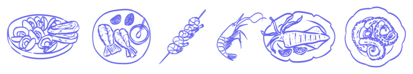 Seacoast sea fish restaurant, coastal cafe food in doodle ink style. Seafood vector illustrations in ink chalk sketch style for party or wedding menu design. Grilled, fried prawns, mussels and octopus