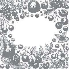 Berries vector frame hand drawn in ink. Border with strawberry, cherry, raspberry and blueberry branches isolated