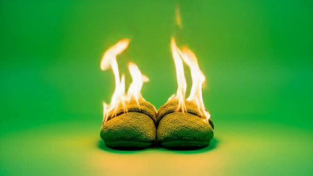 Burning Slippers on Green Background - A pair of fuzzy slippers are engulfed in flames against a vibrant green backdrop.