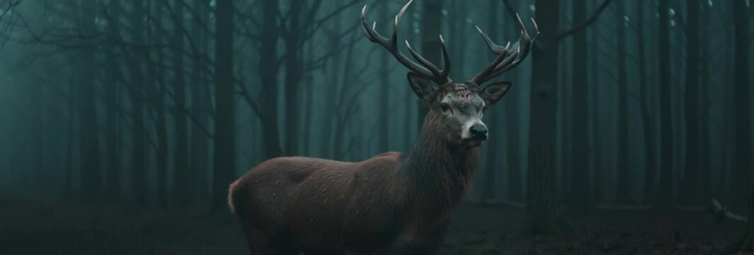The King of forest. Red Deer in motion through dense forest, symbolizing strength, wilderness, and traditional hunting heritage.	