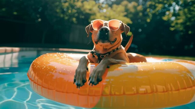 Cute dog relaxing in a summer swimming pool inflatable ring float.