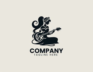 Mystical genie guitarist avatar fuelled by magic performing on guitar within stylized circular vector logo design