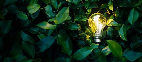 Light bulb glowing amid verdant foliage, representing eco-friendly innovation and sustainable energy solutions driving environmental progress