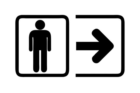 A simple black and white restroom sign with an arrow pointing to the right isolated on white background