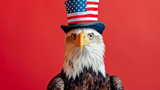 Portrait of an iconic bald eagle wearing an American stars and stripes patriotic hat. 4th July holiday.