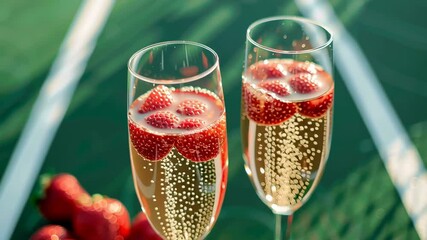 Luxury sporting tennis event with glasses of champagne and strawberries on a tennis court.