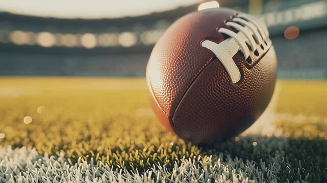 An American football on a pitch with white lines.
