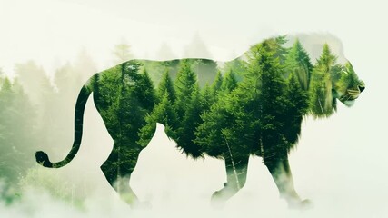 double exposure effect of a lion walking and green jungle. World wildlife day