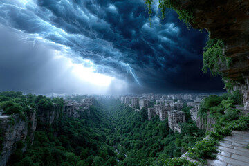 Dark storm clouds and lightning illuminate a lush valley with abandoned buildings