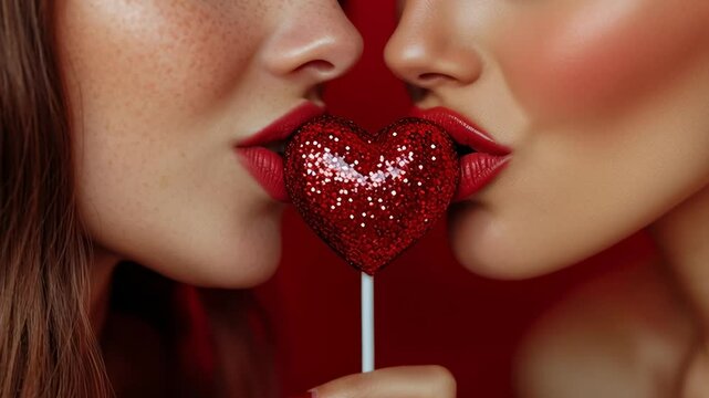 provocative close up of two women kissing a red glitter love heart. Female passion.