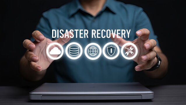Businessman showcasing Disaster Recovery strategy using cloud computing database protection and global network security for data backup and system restoration
