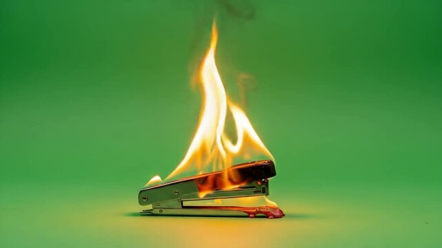 Burning Stapler on Green Screen - A metal stapler is engulfed in flames against a vibrant green background. The fire is bright orange and yellow, with smoke rising above it.