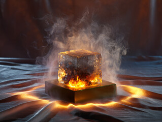 Glowing Ice Cube with Smoke on Display for Luxury Drink Concept