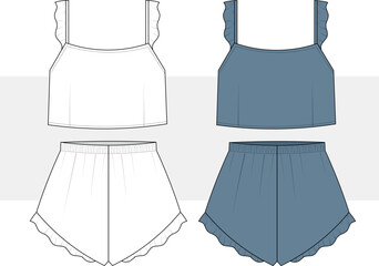 Women girls tank crop top and shorts with frill detail. Nightwear, home wear, lounge set fashion technical drawing, illustration. Cad, Mockup, Vector. 
