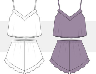 Women tank top and shorts with frill detail. Nightwear, home wear, lounge set fashion technical drawing, illustration. Cad, Mockup, Vector. 