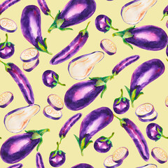 Seamless watercolor pattern with eggplants or aubergine. Botanical illustration isolated on light yellow. Hand drawn decorative texture, food ingredient for cooking, menu, harvest festival, paper