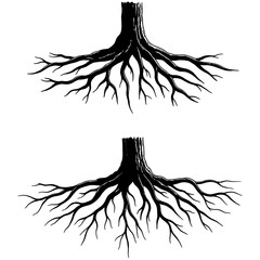 Silhouette of a tree trunk with sprawling root system, intricately illustrated in black with branching organic lines spreading downward, symbolizing growth, nature, and stability.