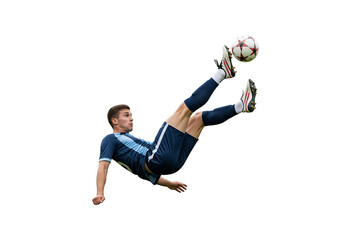 Soccer Player Kicking Ball Mid-Air on Transparent Background