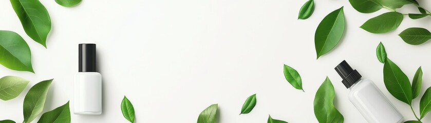 Fototapeta premium White Bottles with Green Leaves Natural Cosmetic Mockup, cosmetic, mockup