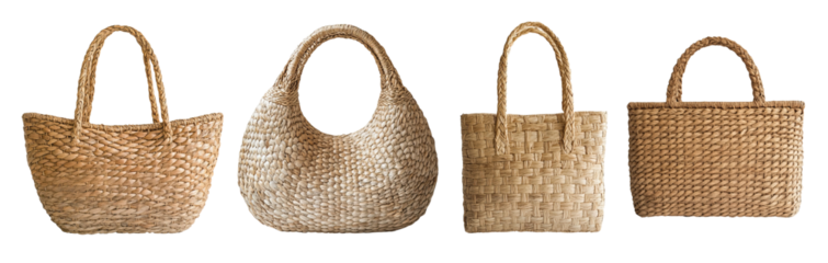 Woven seagrass beach bag on white background.