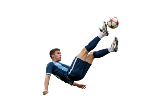 Soccer Player Kicking Ball Mid-Air on Transparent Background