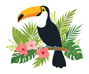 Vibrant Toucan Bird Perched Amidst Tropical Flowers
