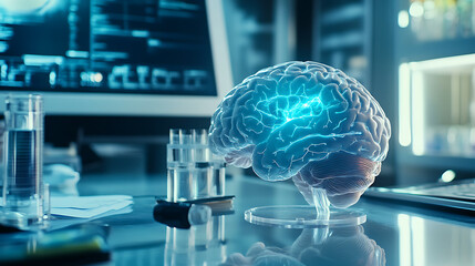 Illuminated Brain Model in a High-Tech Laboratory Setting