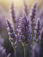 Fototapeta premium Cinematic close-up of unopened lavender bud angled slightly downward in front of a softly glowing background that melts into light pastel tones suggesting calm and purity, the HD capture
