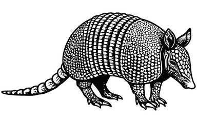 Detailed black and white vector illustration of an armadillo, showcasing its textured armor-like shell, pointed snout, and ringed tail in side profile.