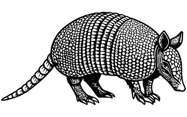 Detailed black and white vector illustration of an armadillo, showcasing its textured armor-like shell, pointed snout, and ringed tail in side profile.